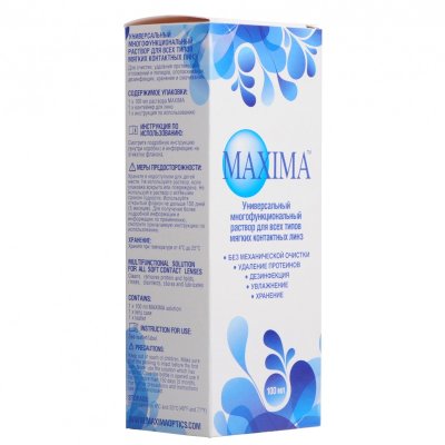 Maxima 100ml Раствор MAXIMA серии "все в одном" - для очищения, удаления протеиновых отложений, промывания, дезинфекции и хранения контактных линз. 
