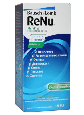 ReNu MultiPlus 120 мл. Универсальный раствор для хранения, дезинфекции и увлажнения всех типов мягких контактных линз.Контейнер в комплекте.